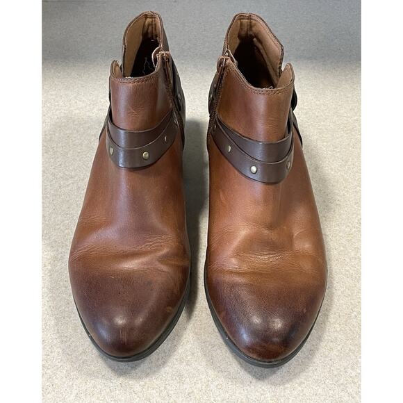 Clarks Womens Addiy Zoie Boot Size 11 Brown Leather Bootie Studded Straps-Zipper - Picture 2 of 11